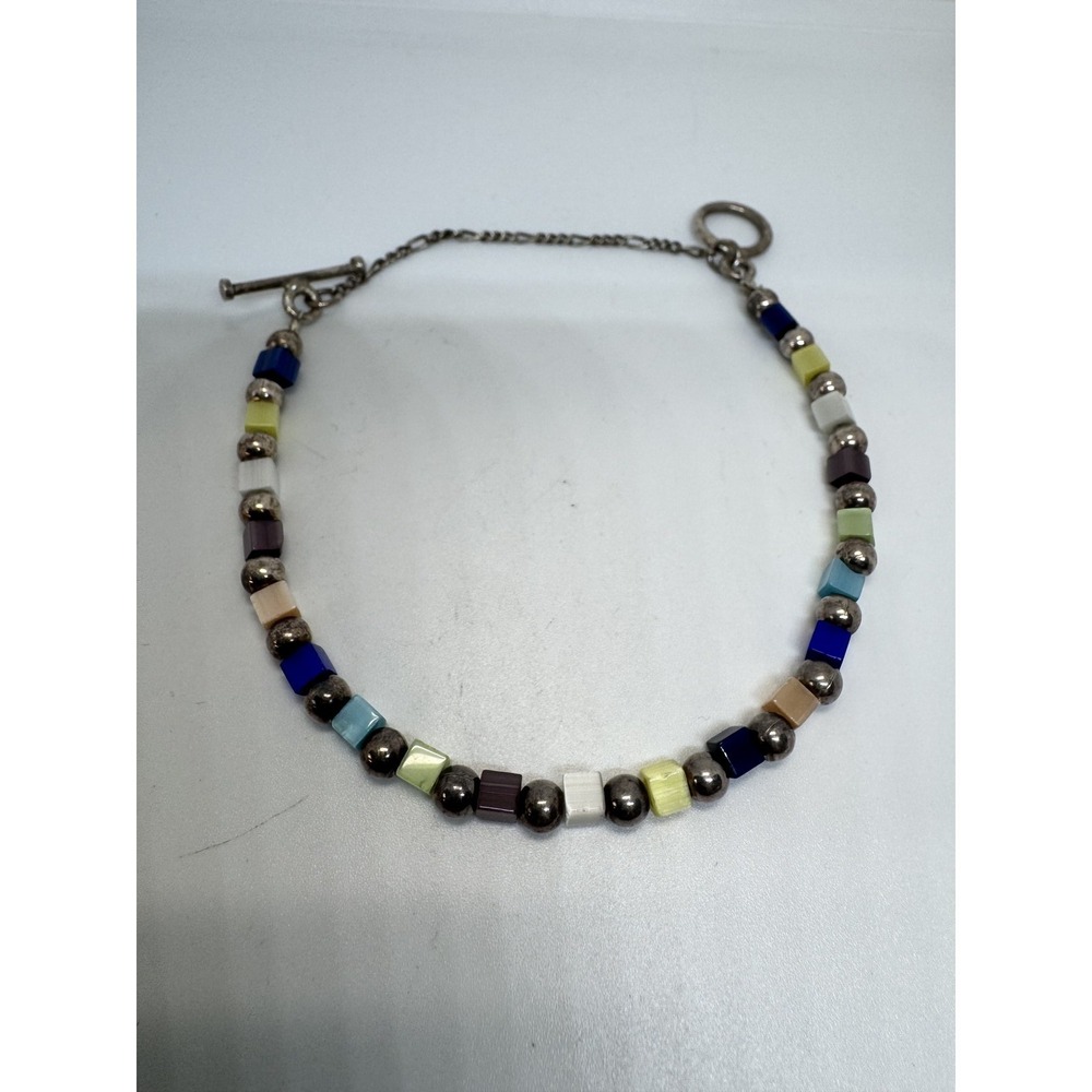Sterling Silver 925 Multi-Color Square Shell‎ Bead Toggle Bracelet 7" Fashion
